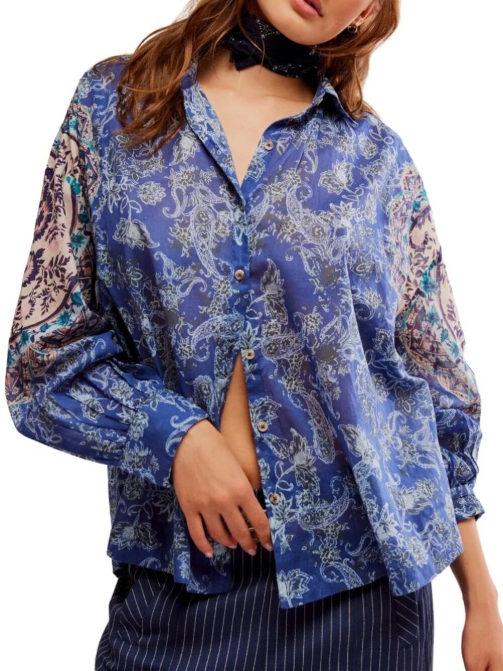 Free People peasant boho Rose Bud Blouse in Blue combo xs